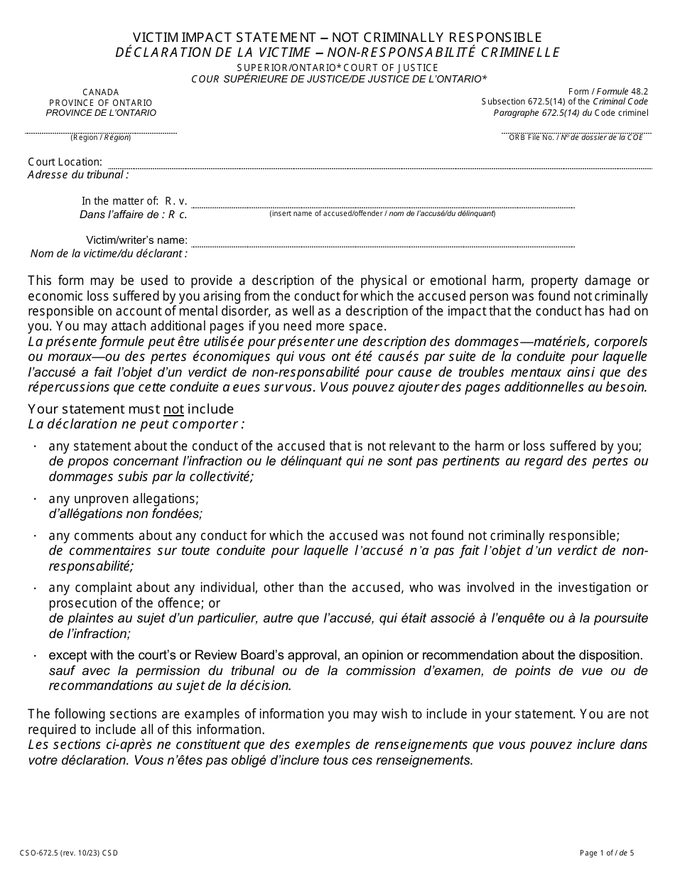Form 48.2 Victim Impact Statement - Not Criminally Responsible - Ontario, Canada (English / French), Page 1