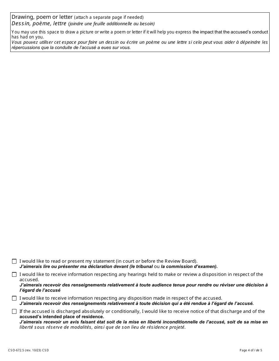 Form 48.2 Victim Impact Statement - Not Criminally Responsible - Ontario, Canada (English / French), Page 4