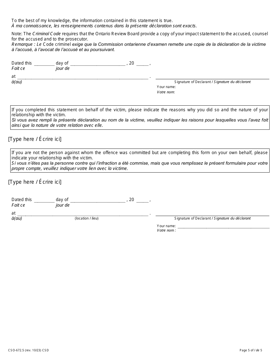 Form 48.2 Victim Impact Statement - Not Criminally Responsible - Ontario, Canada (English / French), Page 5