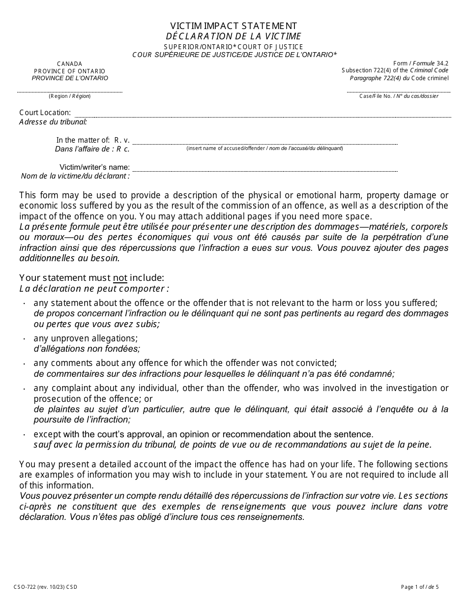 Form 34.2 Victim Impact Statement - Ontario, Canada (English / French), Page 1