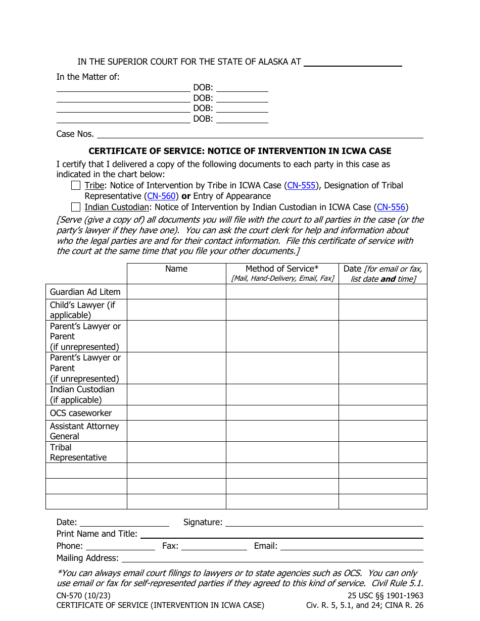 Form CN-570 Certificate of Service: Notice of Intervention in Icwa Case - Alaska, Page 1