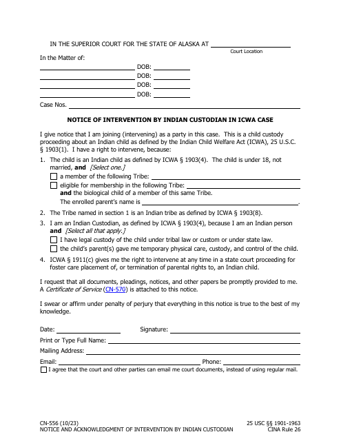Form CN-556 Notice of Intervention by Indian Custodian in Icwa Case - Alaska