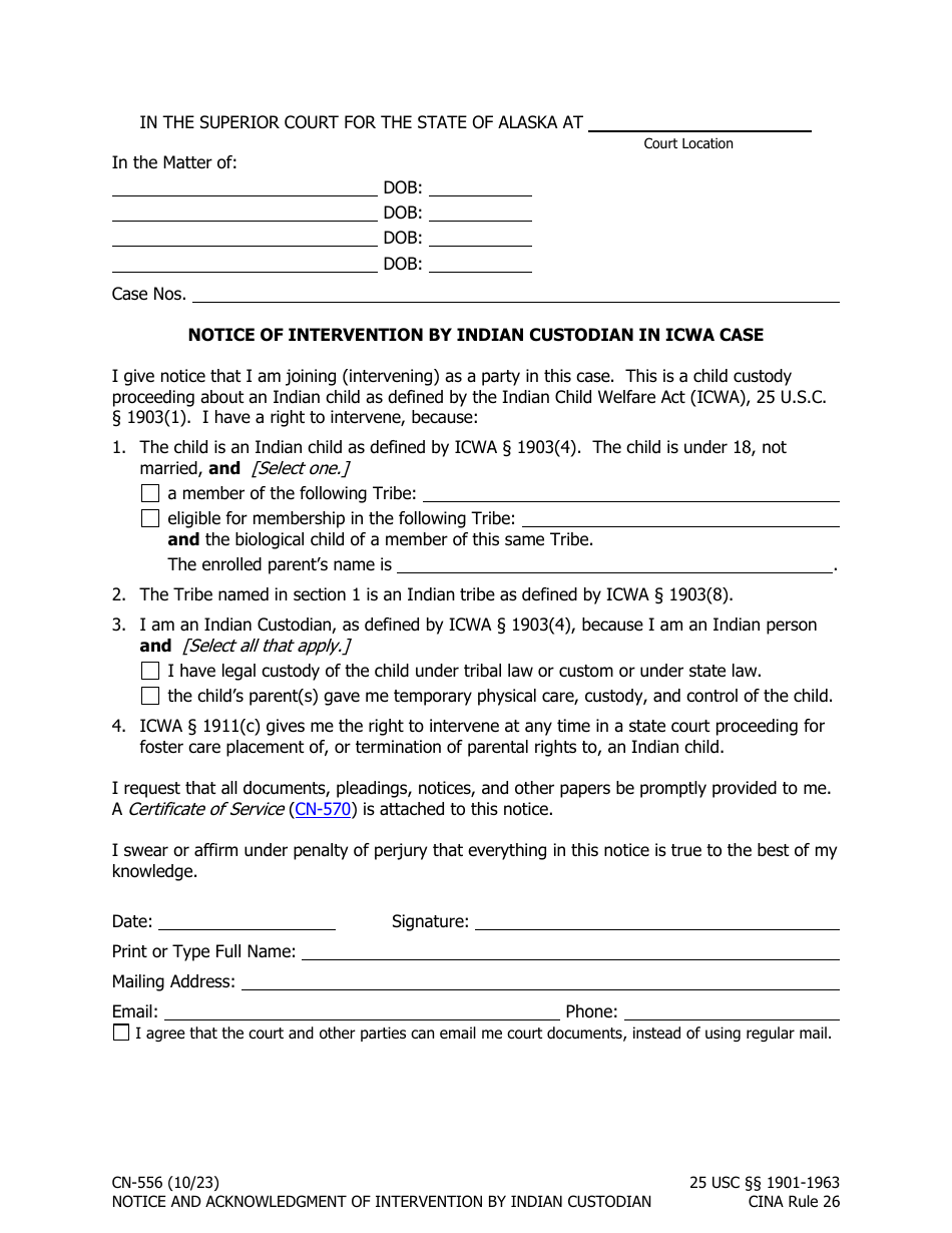 Form CN-556 Notice of Intervention by Indian Custodian in Icwa Case - Alaska, Page 1