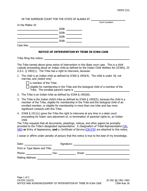 Form CN-555 Notice of Intervention by Tribe in Icwa Case - Alaska