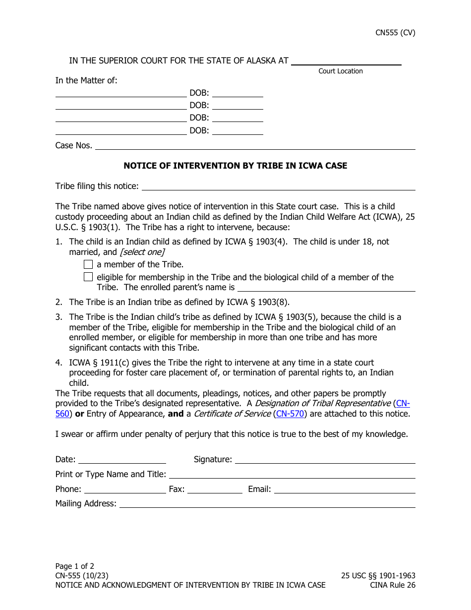 Form CN-555 Notice of Intervention by Tribe in Icwa Case - Alaska, Page 1