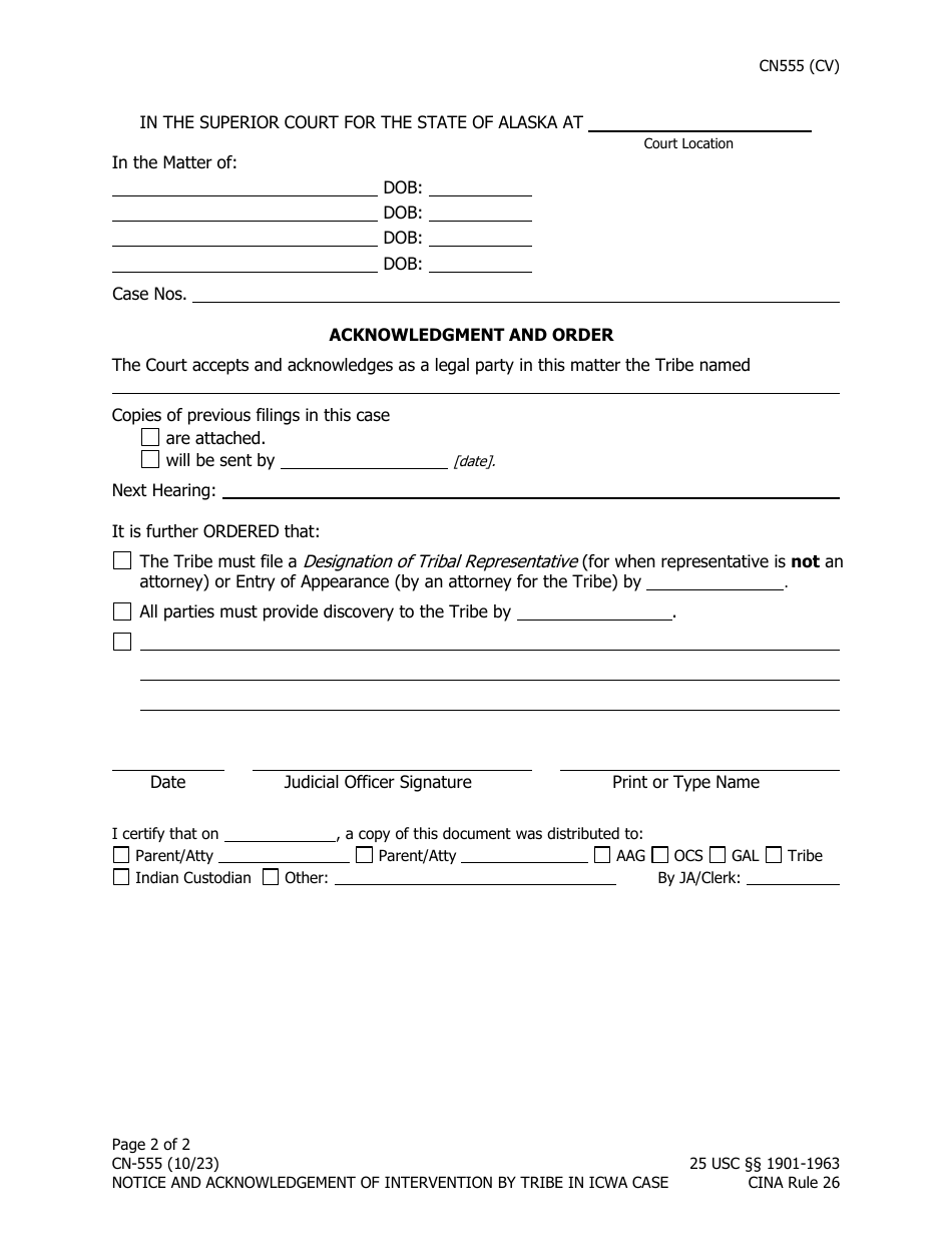 Form CN-555 Notice of Intervention by Tribe in Icwa Case - Alaska, Page 2