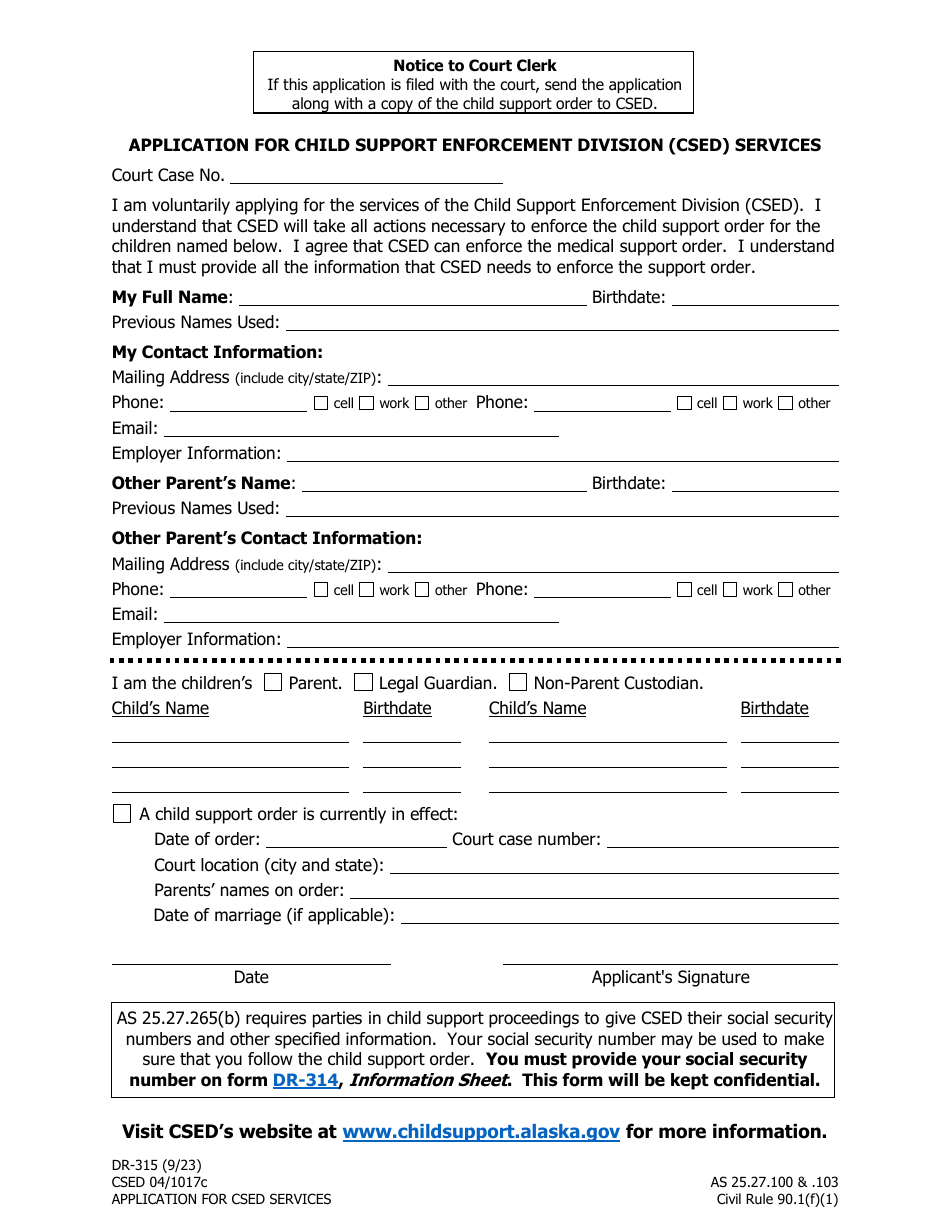 Form DR-315 Application for Child Support Enforcement Division (Csed) Services - Alaska, Page 1