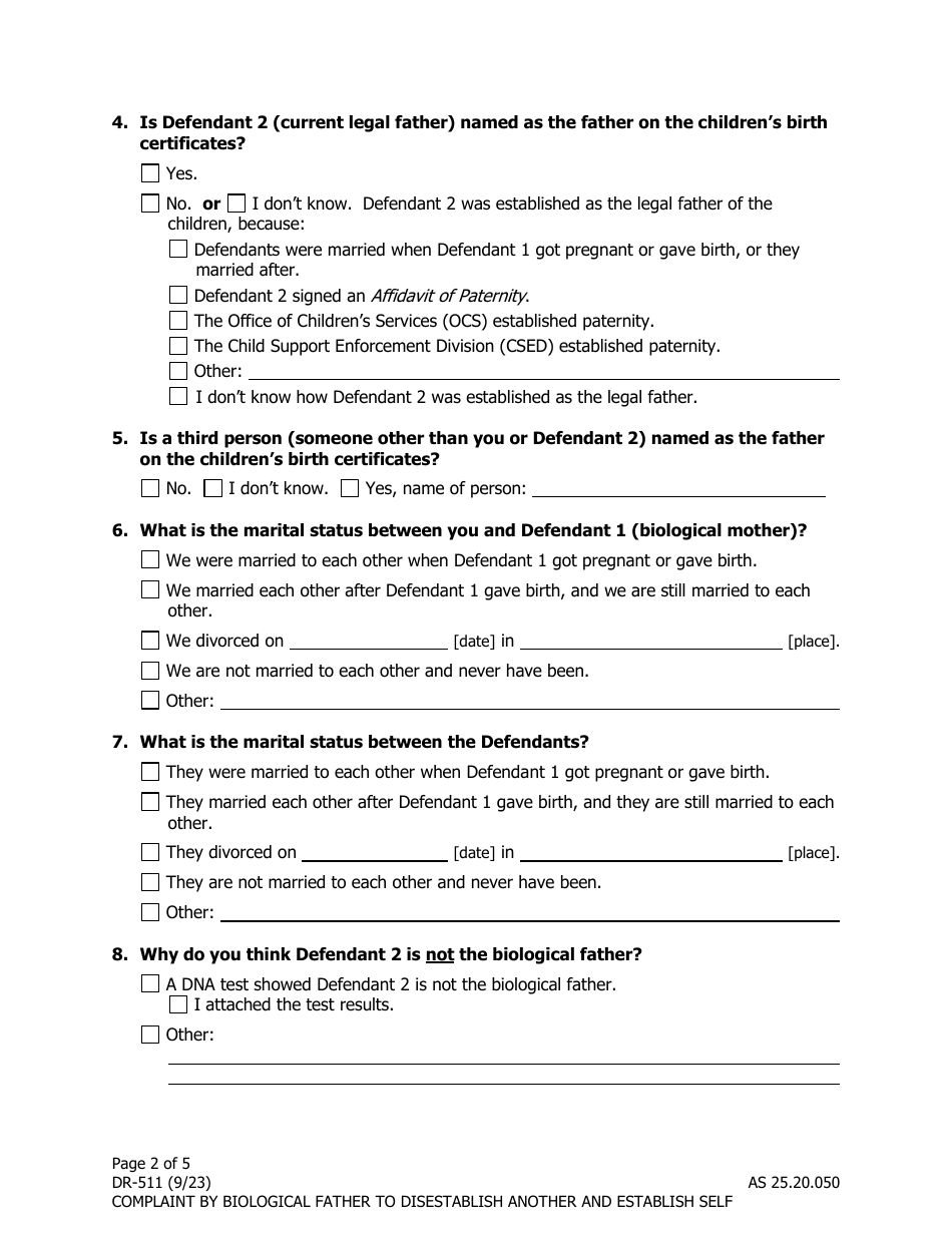 Form DR-511 Complaint by Biological Father to Disestablish Current Legal Fathers Paternity and Establish Self - Alaska, Page 2