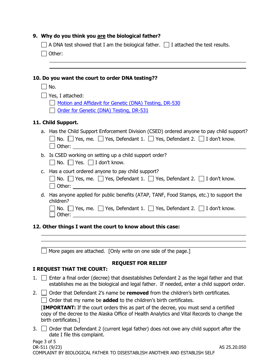 Form DR-511 Complaint by Biological Father to Disestablish Current Legal Fathers Paternity and Establish Self - Alaska, Page 3