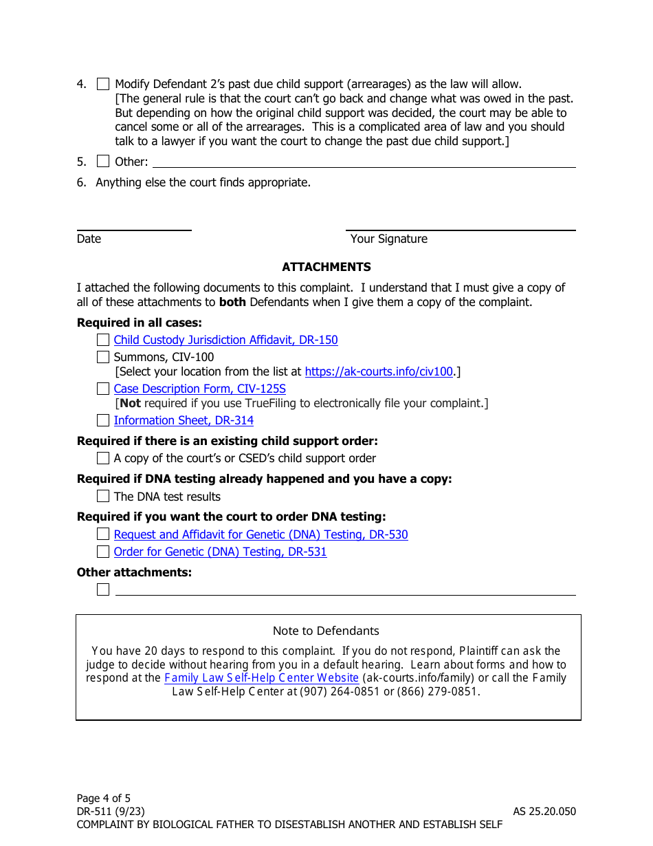 Form DR-511 Complaint by Biological Father to Disestablish Current Legal Fathers Paternity and Establish Self - Alaska, Page 4