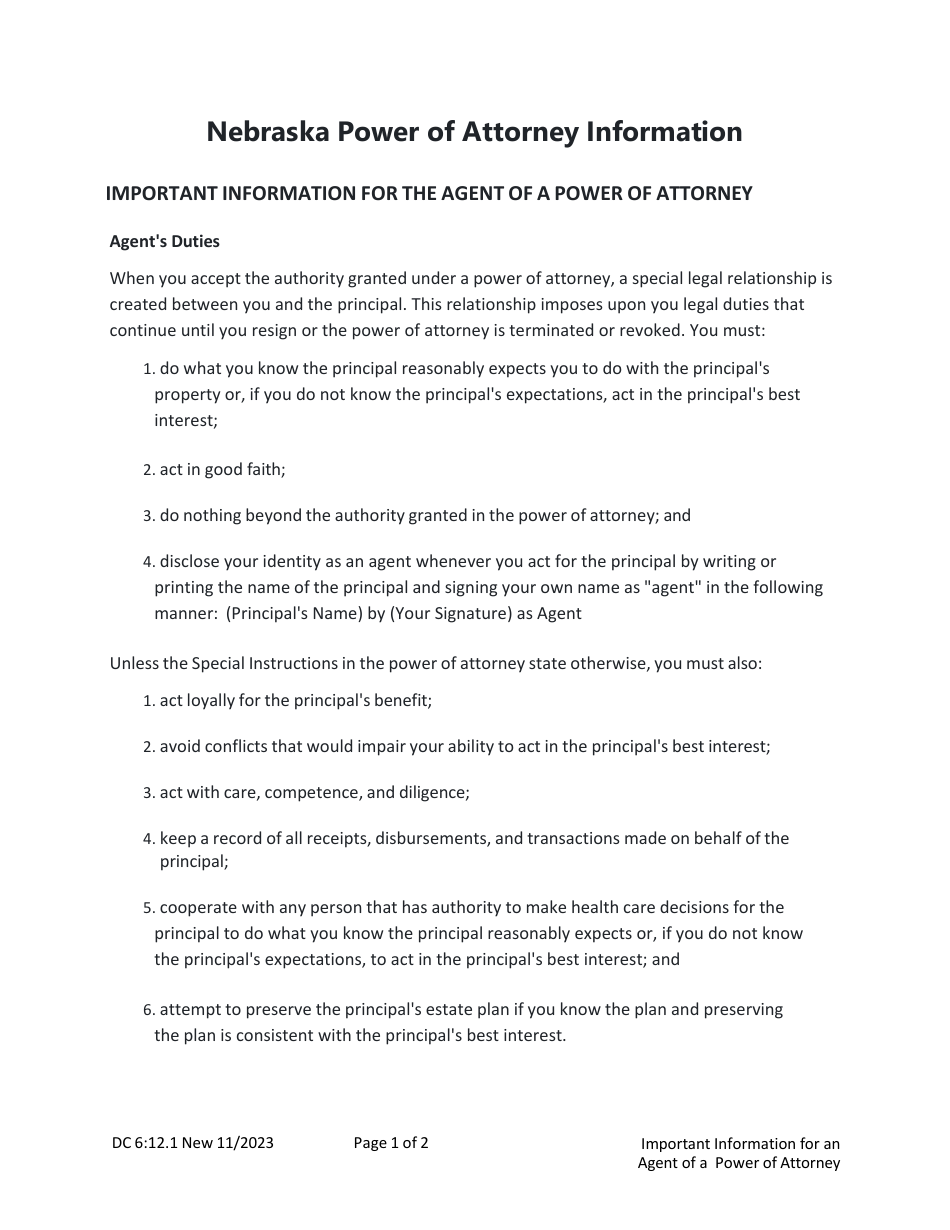 Form DC6:12.1 Nebraska Power of Attorney Information - Nebraska, Page 1