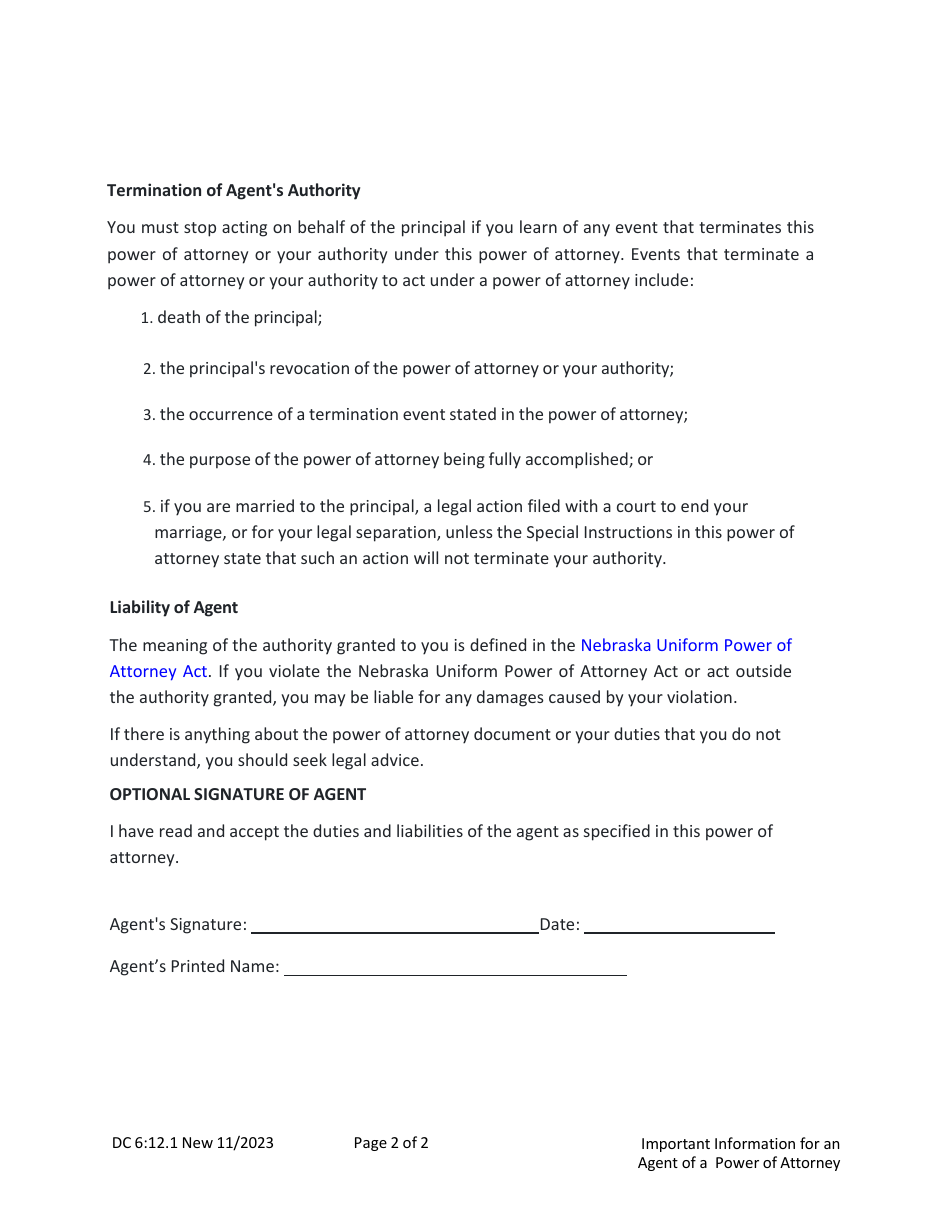 Form DC6:12.1 Nebraska Power of Attorney Information - Nebraska, Page 2