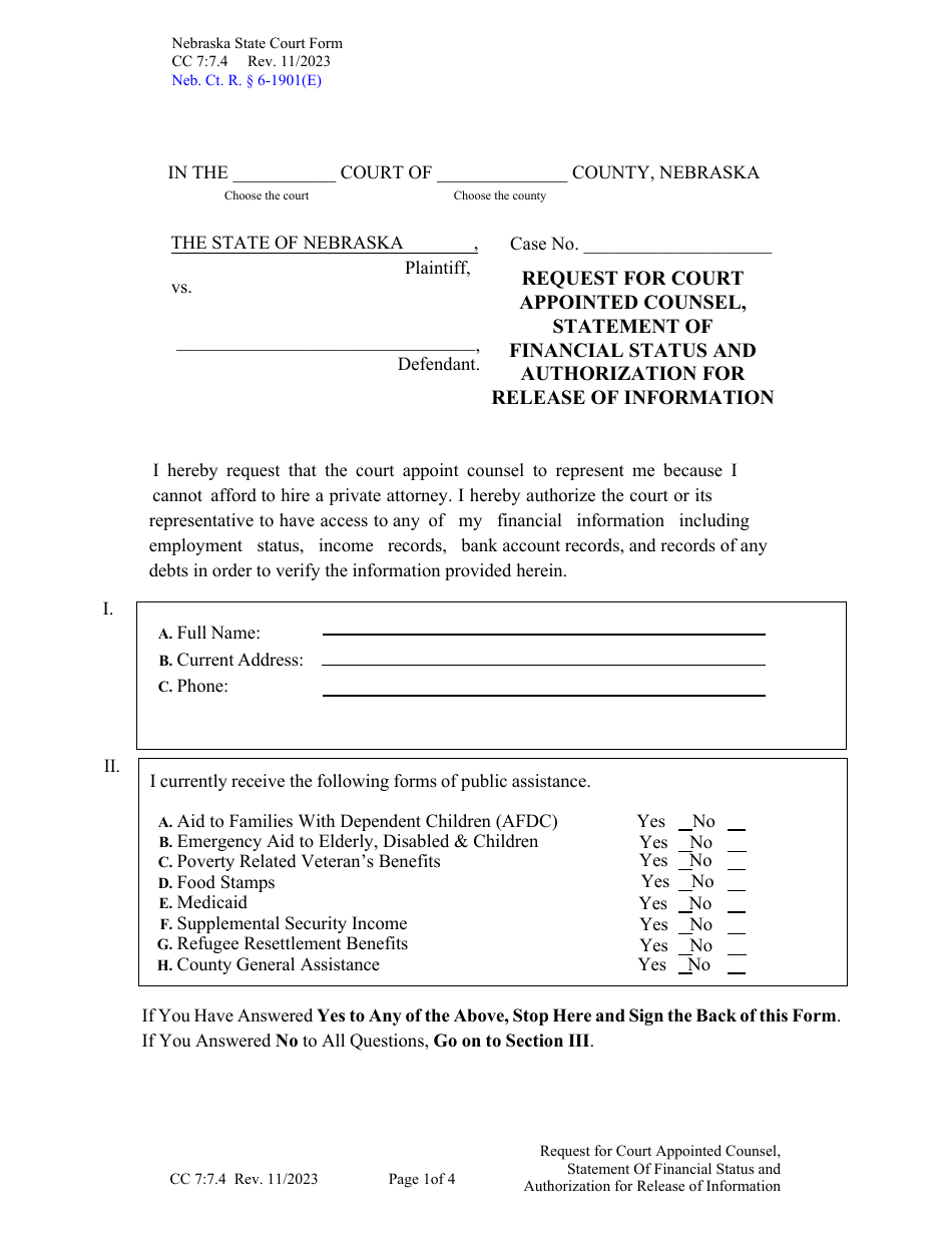 Form CC7:7.4 Request for Court Appointed Counsel, Statement of Financial Status and Authorization for Release of Information - Nebraska, Page 1