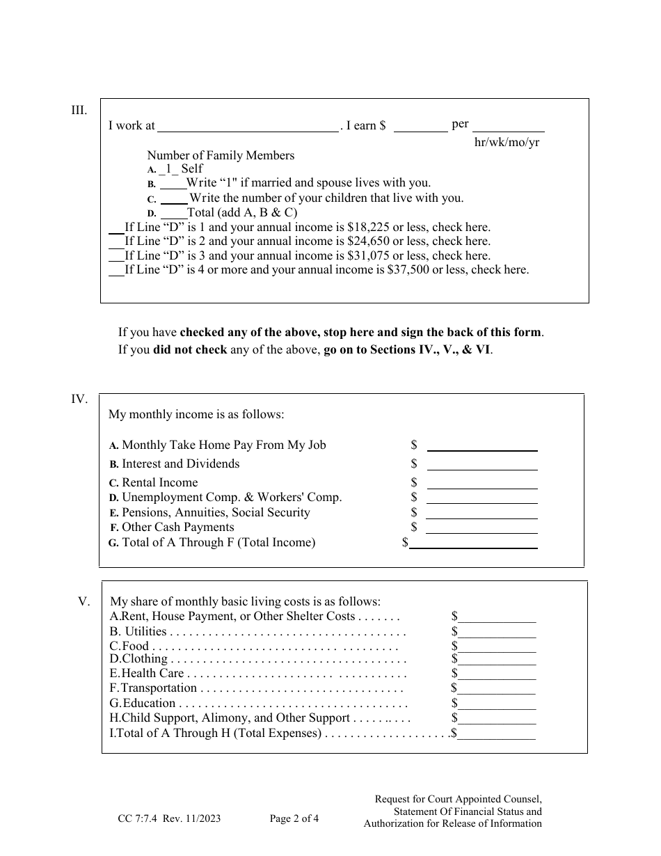 Form CC7:7.4 Request for Court Appointed Counsel, Statement of Financial Status and Authorization for Release of Information - Nebraska, Page 2