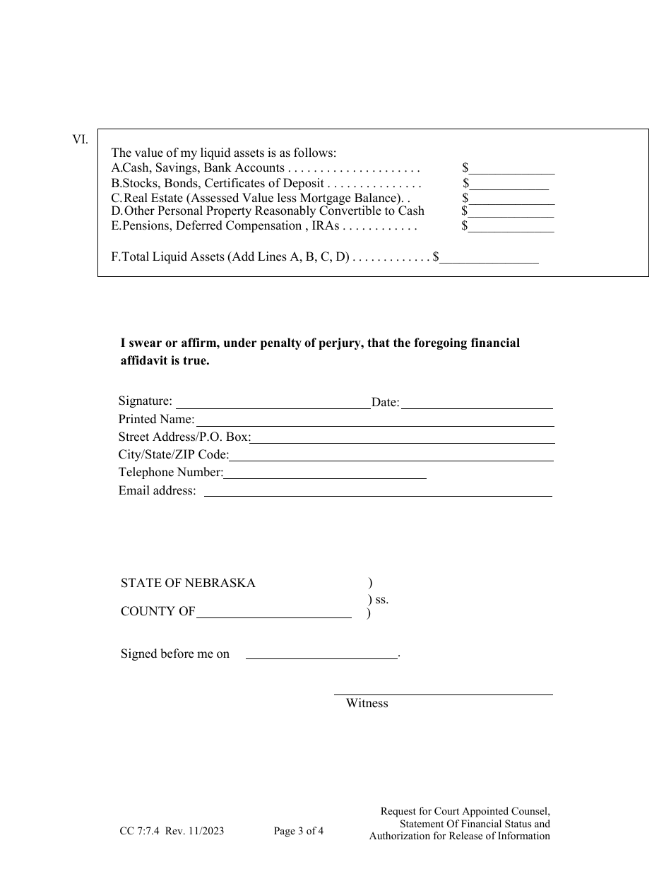 Form CC7:7.4 Request for Court Appointed Counsel, Statement of Financial Status and Authorization for Release of Information - Nebraska, Page 3