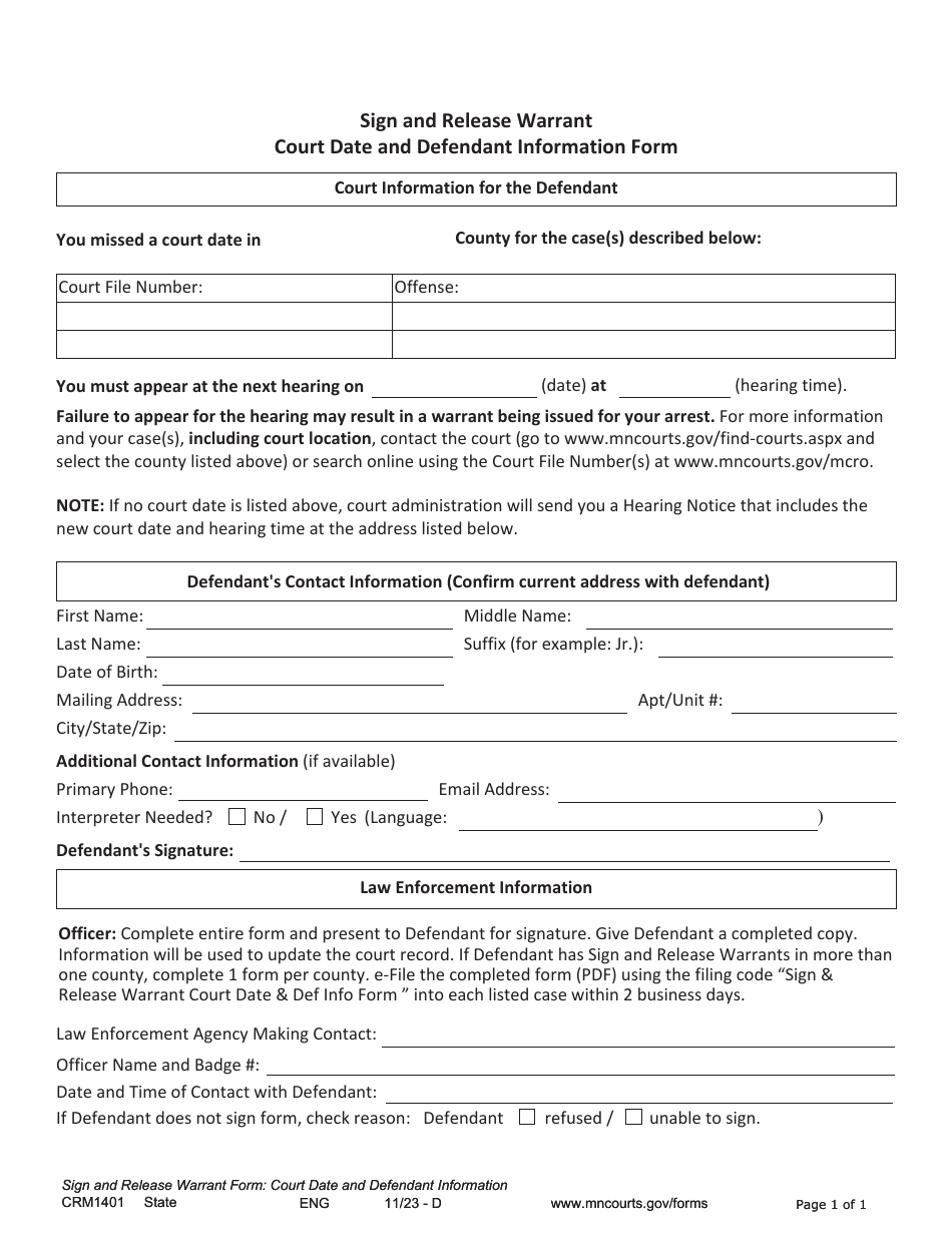 Form CRM1401 Sign and Release Warrant - Court Date and Defendant Information Form - Minnesota, Page 1