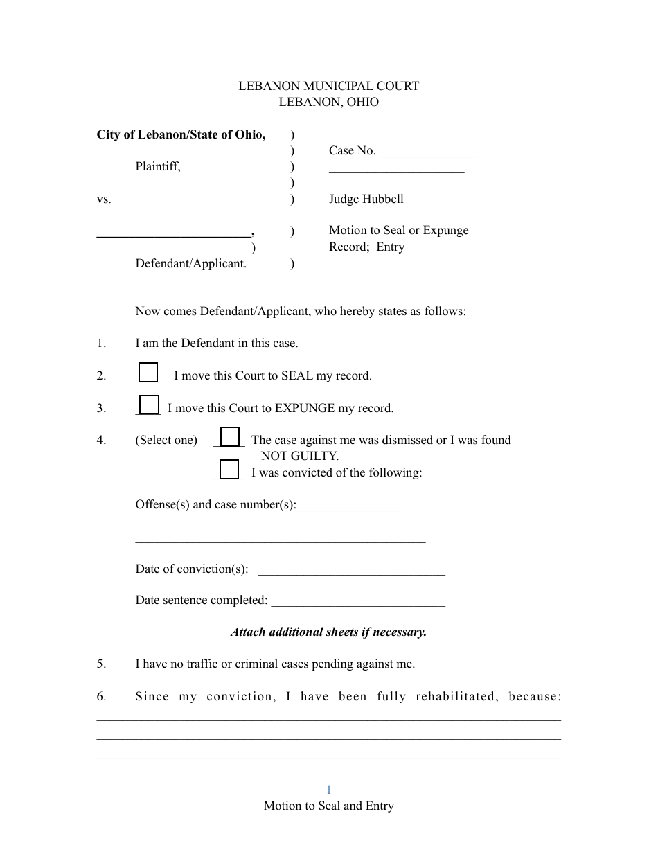 City of Lebanon, Ohio Motion to Seal or Expunge Record; Entry Fill