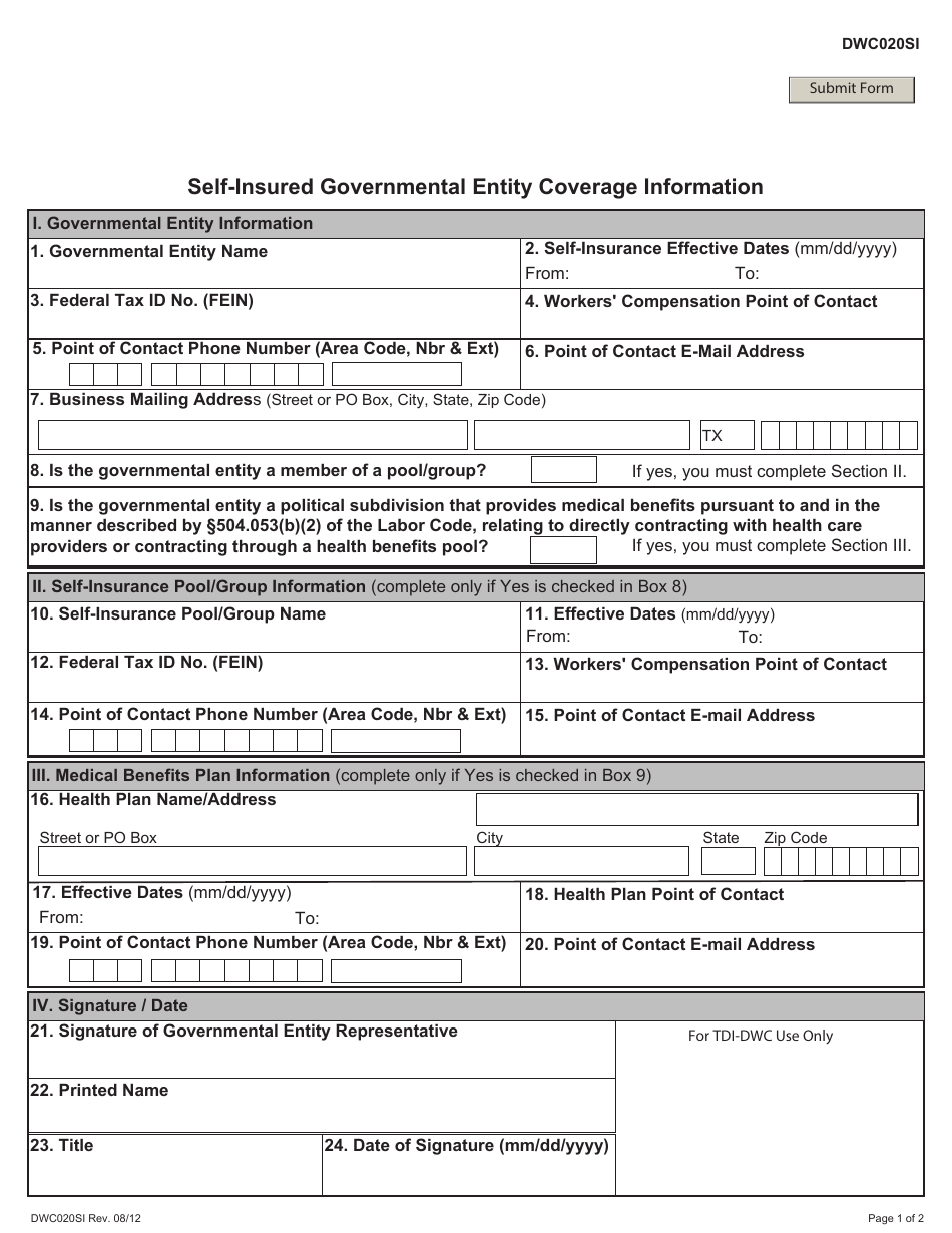 Form DWC020SI Self-insured Governmental Entity Coverage Information - Texas, Page 1