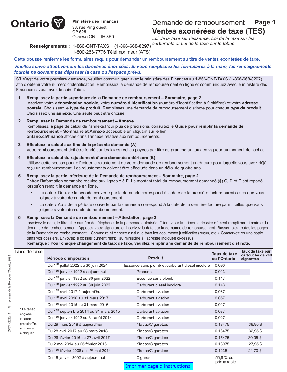 Forme 0547F Demande De Remboursement Ventes Exonerees De Taxe (Tes) - Ontario, Canada (French), Page 1