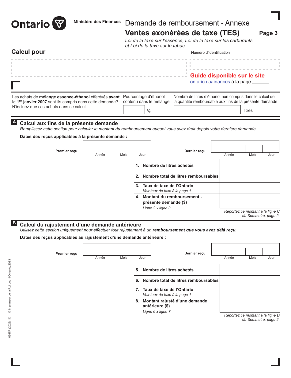 Forme 0547F Demande De Remboursement Ventes Exonerees De Taxe (Tes) - Ontario, Canada (French), Page 3