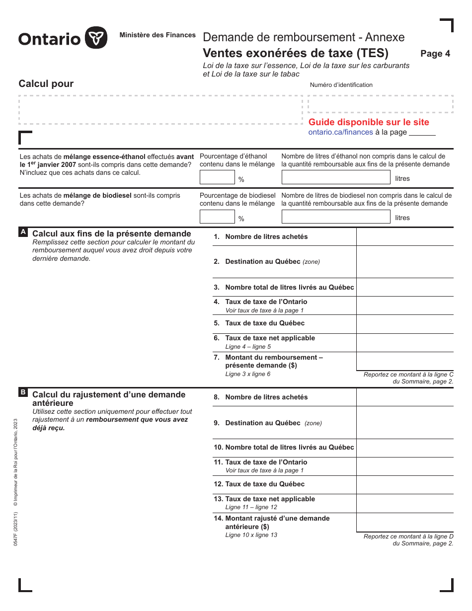 Forme 0547F Demande De Remboursement Ventes Exonerees De Taxe (Tes) - Ontario, Canada (French), Page 4