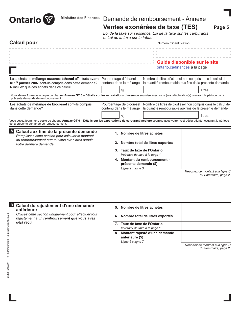 Forme 0547F Demande De Remboursement Ventes Exonerees De Taxe (Tes) - Ontario, Canada (French), Page 5