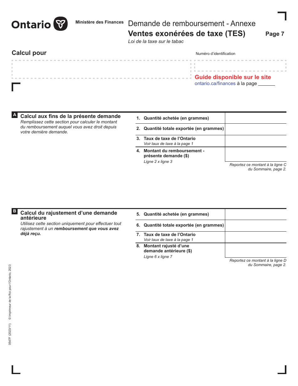 Forme 0547F Demande De Remboursement Ventes Exonerees De Taxe (Tes) - Ontario, Canada (French), Page 7