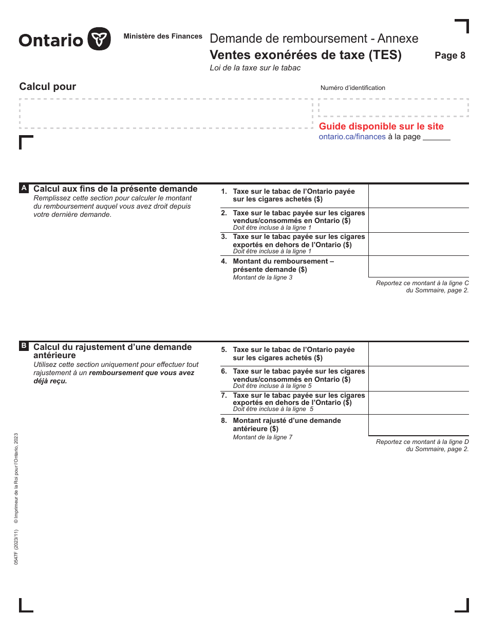 Forme 0547F Demande De Remboursement Ventes Exonerees De Taxe (Tes) - Ontario, Canada (French), Page 8