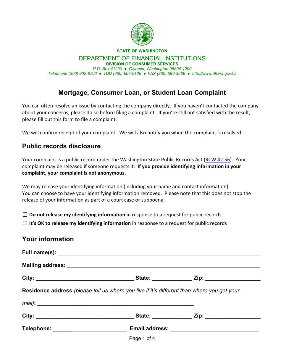 Mortgage, Consumer Loan, or Student Loan Complaint - Washington, Page 1
