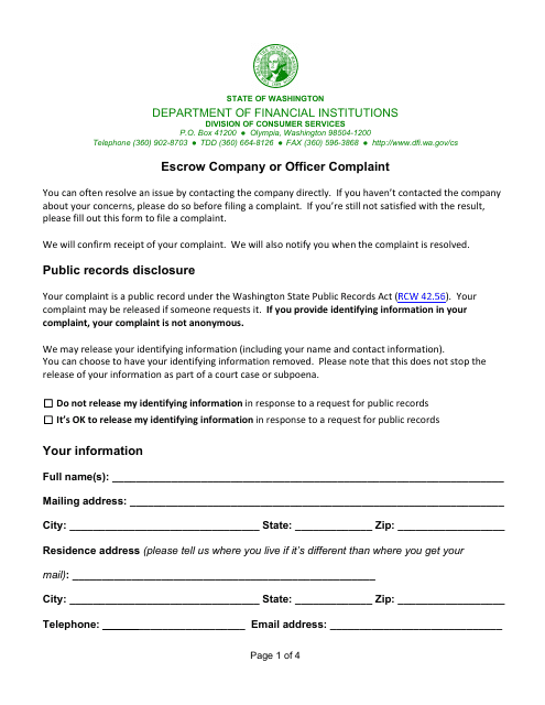 Escrow Company or Officer Complaint - Washington Download Pdf