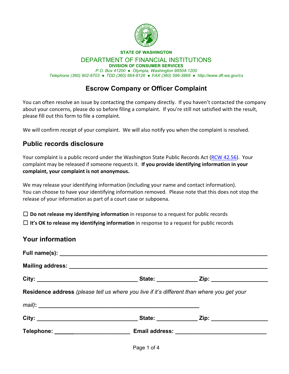 Escrow Company or Officer Complaint - Washington, Page 1