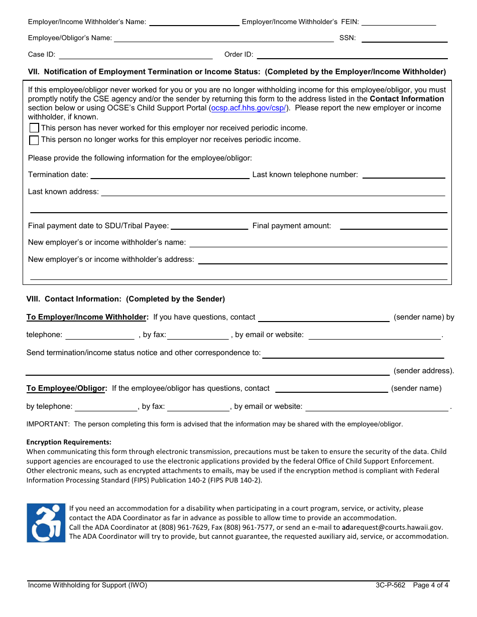 Form 3C-P-562 Income Withholding for Support - Hawaii, Page 4