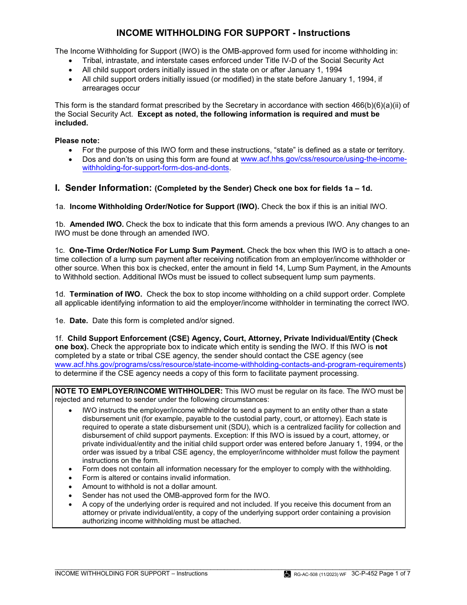 Instructions for Form 3C-P-562 Income Withholding for Support - Hawaii, Page 1