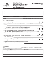 Form RP-466-A-VOL Application for Volunteer Firefighters/Ambulance Workers Exemption - New York
