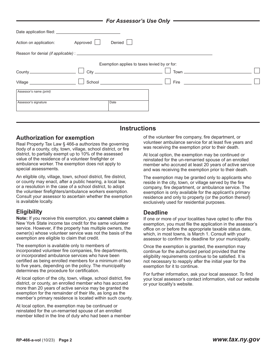 Form RP-466-A-VOL Application for Volunteer Firefighters / Ambulance Workers Exemption - New York, Page 2