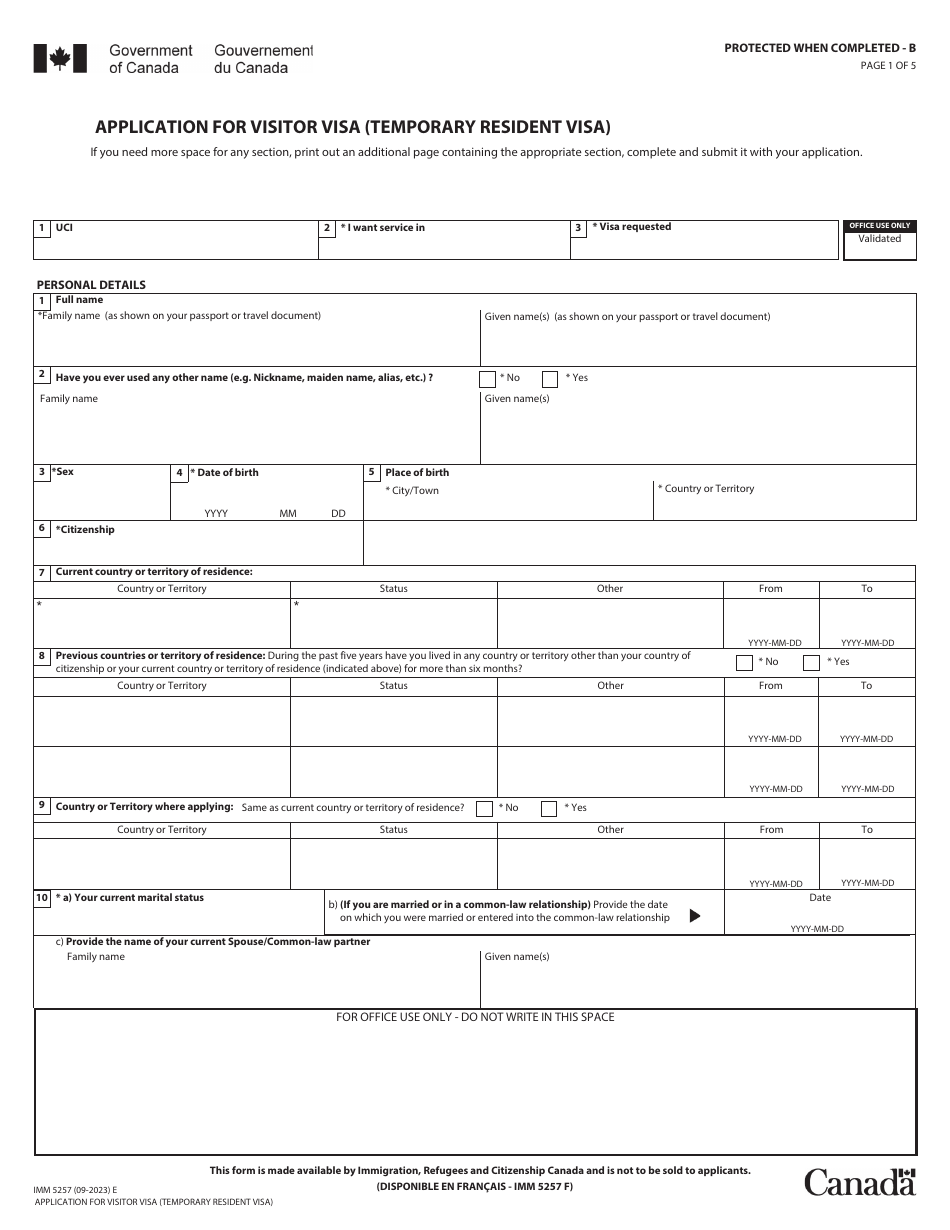 Form IMM5257 Application for Visitor Visa (Temporary Resident Visa) - Canada, Page 1