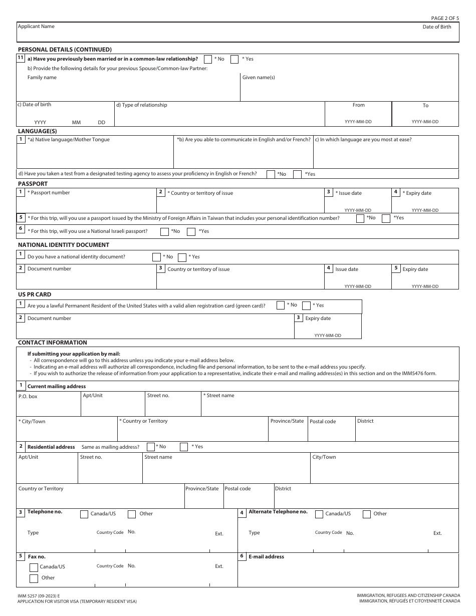 Form IMM5257 Application for Visitor Visa (Temporary Resident Visa) - Canada, Page 2