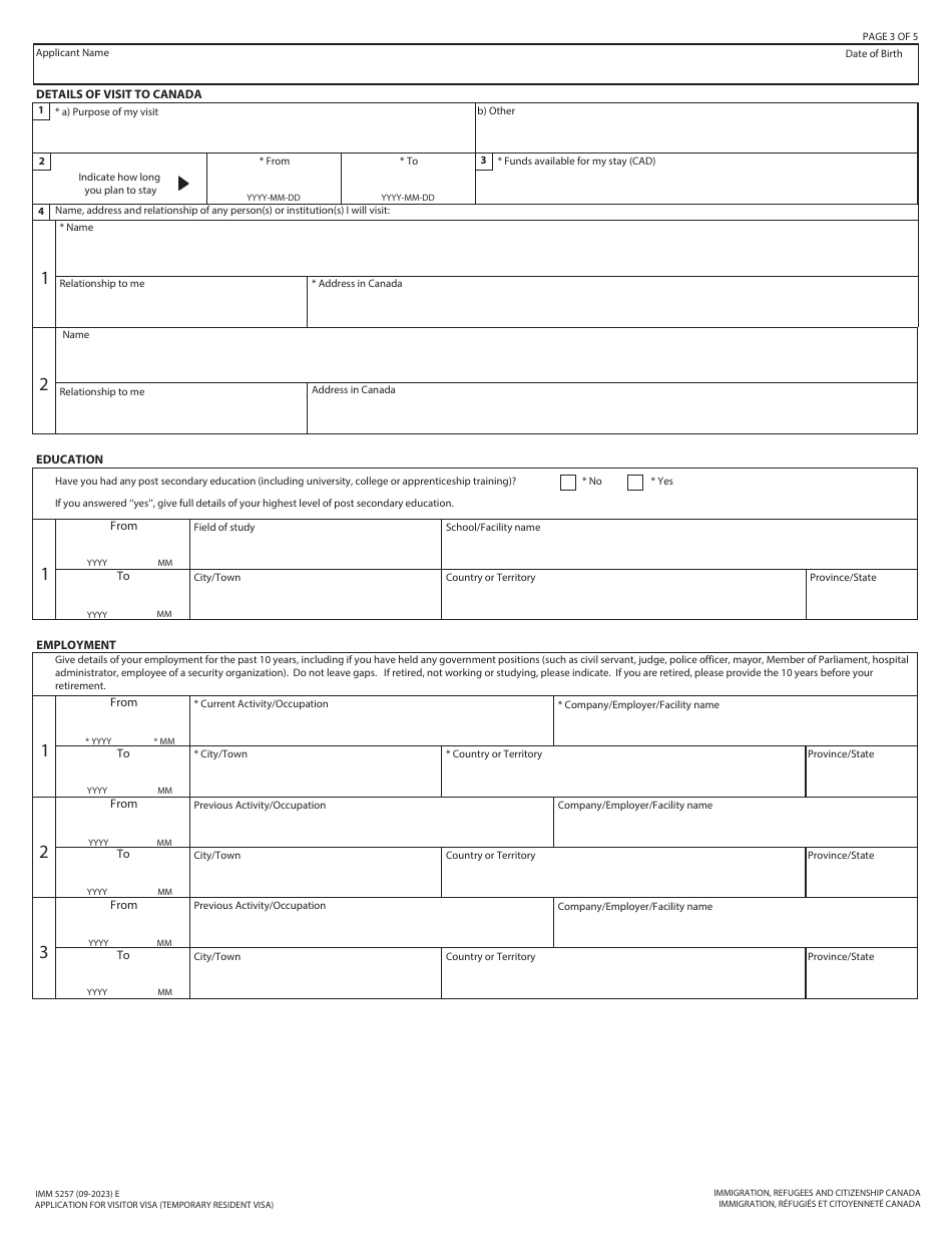 Form IMM5257 Application for Visitor Visa (Temporary Resident Visa) - Canada, Page 3