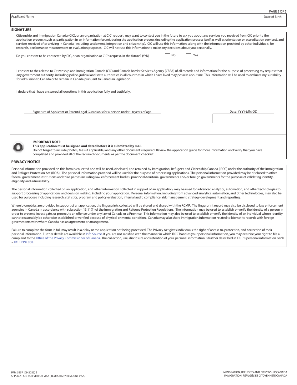 Form IMM5257 Application for Visitor Visa (Temporary Resident Visa) - Canada, Page 5