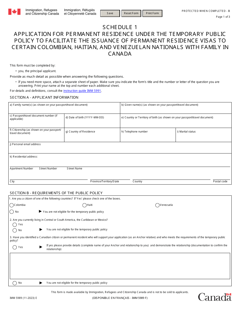 Form IMM5989 Schedule 1 Application for Permanent Residence Under the Temporary Public Policy to Facilitate the Issuance of Permanent Residence Visas to Certain Colombian, Haitian, and Venezuelan Nationals With Family in Canada - Canada, Page 1