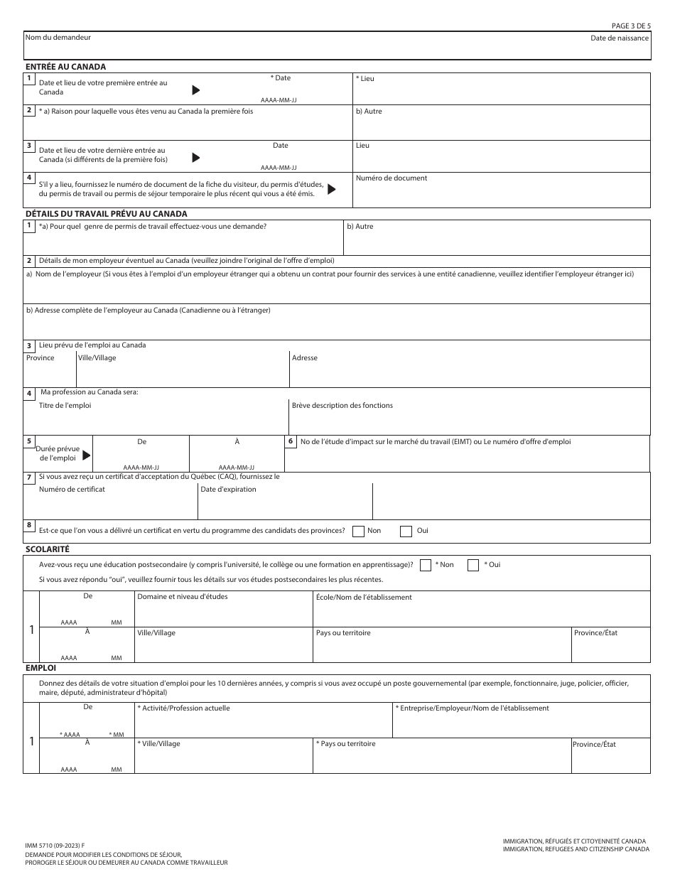 Forme IMM5710 Demande Pour Modifier Les Conditions De Sejour, Proroger Le Sejour Ou Demeurer Au Canada Comme Travailleur - Canada (French), Page 3