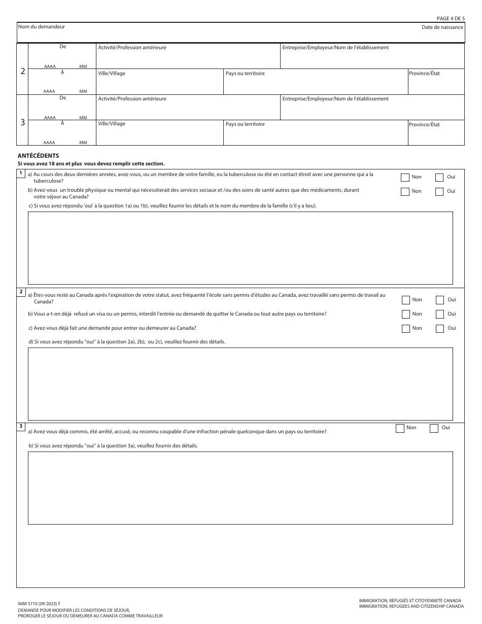Forme IMM5710 Demande Pour Modifier Les Conditions De Sejour, Proroger Le Sejour Ou Demeurer Au Canada Comme Travailleur - Canada (French), Page 4