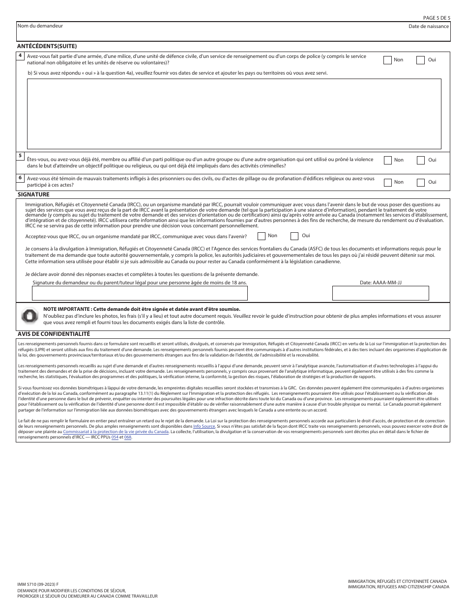 Forme IMM5710 Demande Pour Modifier Les Conditions De Sejour, Proroger Le Sejour Ou Demeurer Au Canada Comme Travailleur - Canada (French), Page 5