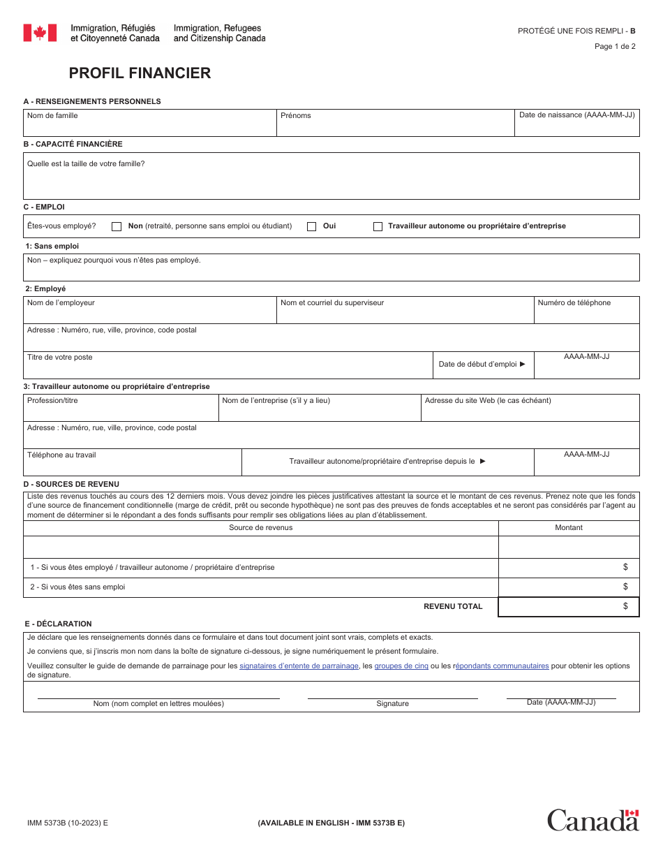 Forme IMM5373B Profil Financier - Canada (French), Page 1