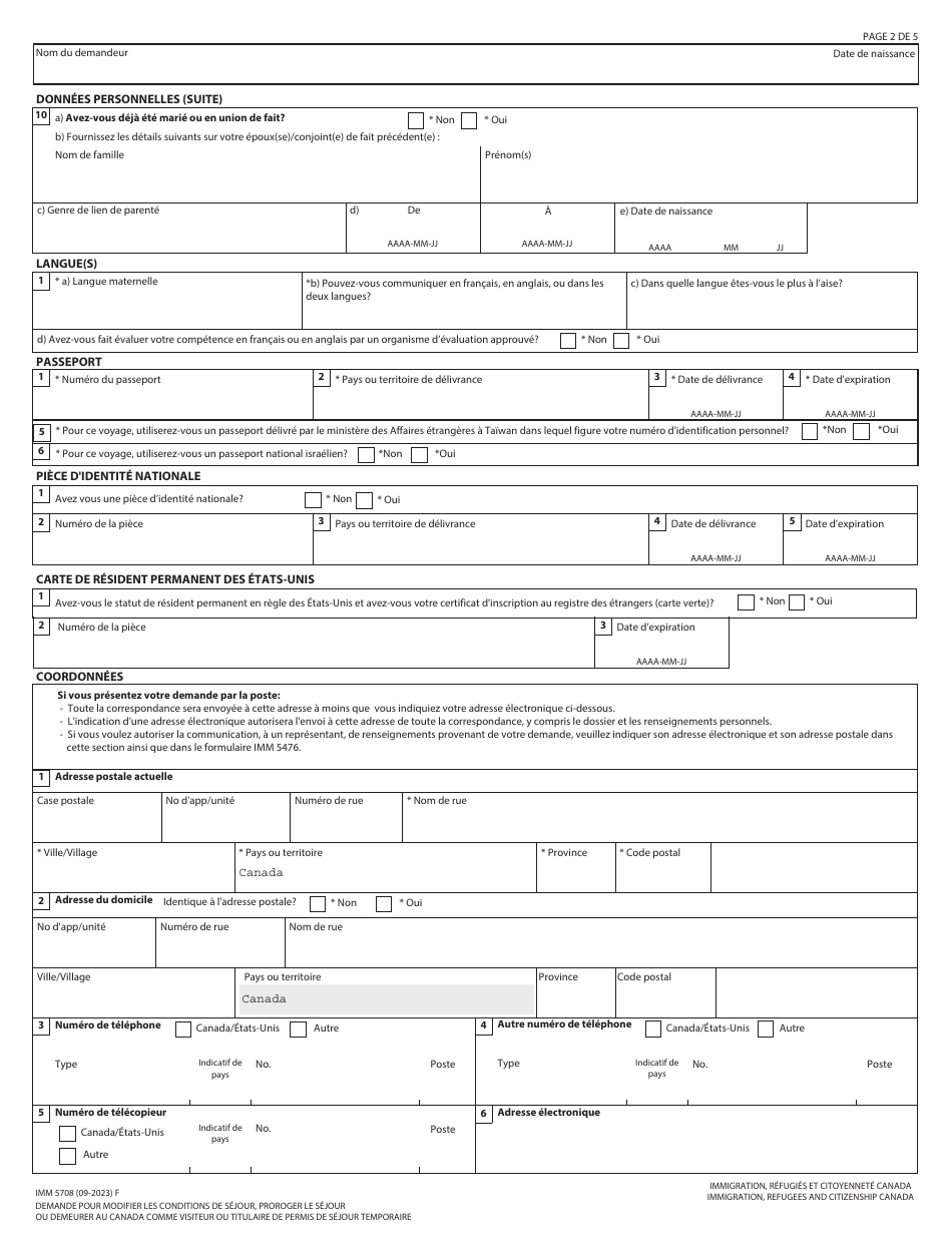 Forme IMM5708 Demande Pour Modifier Les Conditions De Sejour, Proroger Le Sejour Ou Demeurer Au Canada Comme Visiteur Ou Titulaire De Permis De Sejour Temporaire - Canada (French), Page 2