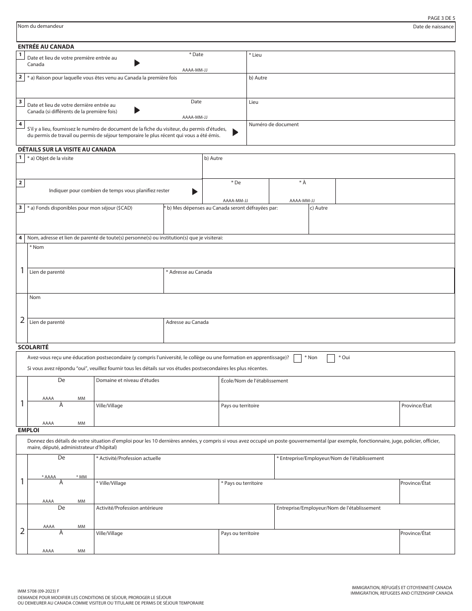 Forme IMM5708 Demande Pour Modifier Les Conditions De Sejour, Proroger Le Sejour Ou Demeurer Au Canada Comme Visiteur Ou Titulaire De Permis De Sejour Temporaire - Canada (French), Page 3