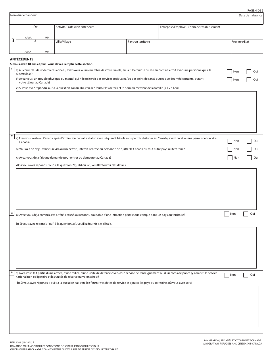 Forme IMM5708 Demande Pour Modifier Les Conditions De Sejour, Proroger Le Sejour Ou Demeurer Au Canada Comme Visiteur Ou Titulaire De Permis De Sejour Temporaire - Canada (French), Page 4