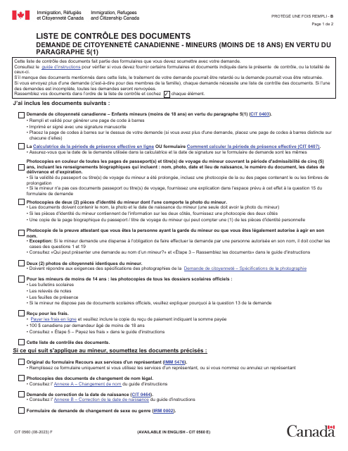 Forme CIT0560 Liste De Controle DES Documents: Demande De Citoyennete Canadienne - Mineurs (Moins De 18 Ans) En Vertu Du Paragraphe 5(1) - Canada (French)