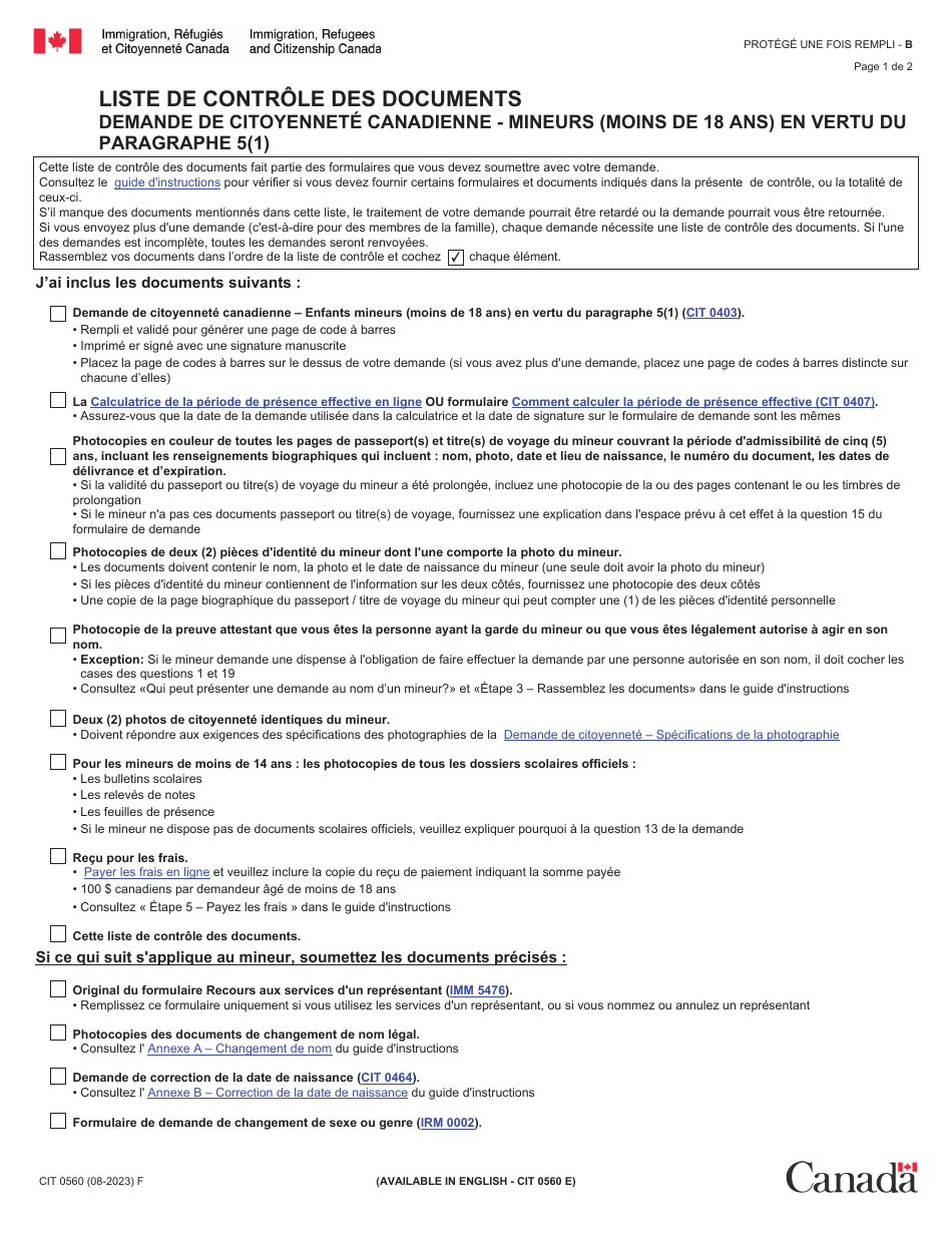 Forme CIT0560 Liste De Controle DES Documents: Demande De Citoyennete Canadienne - Mineurs (Moins De 18 Ans) En Vertu Du Paragraphe 5(1) - Canada (French), Page 1