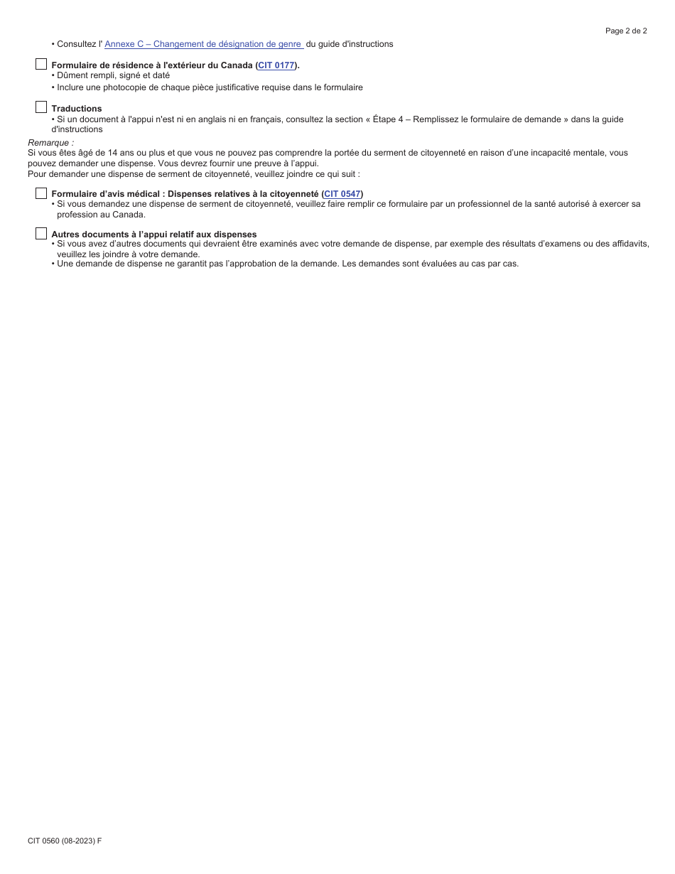 Forme CIT0560 Liste De Controle DES Documents: Demande De Citoyennete Canadienne - Mineurs (Moins De 18 Ans) En Vertu Du Paragraphe 5(1) - Canada (French), Page 2